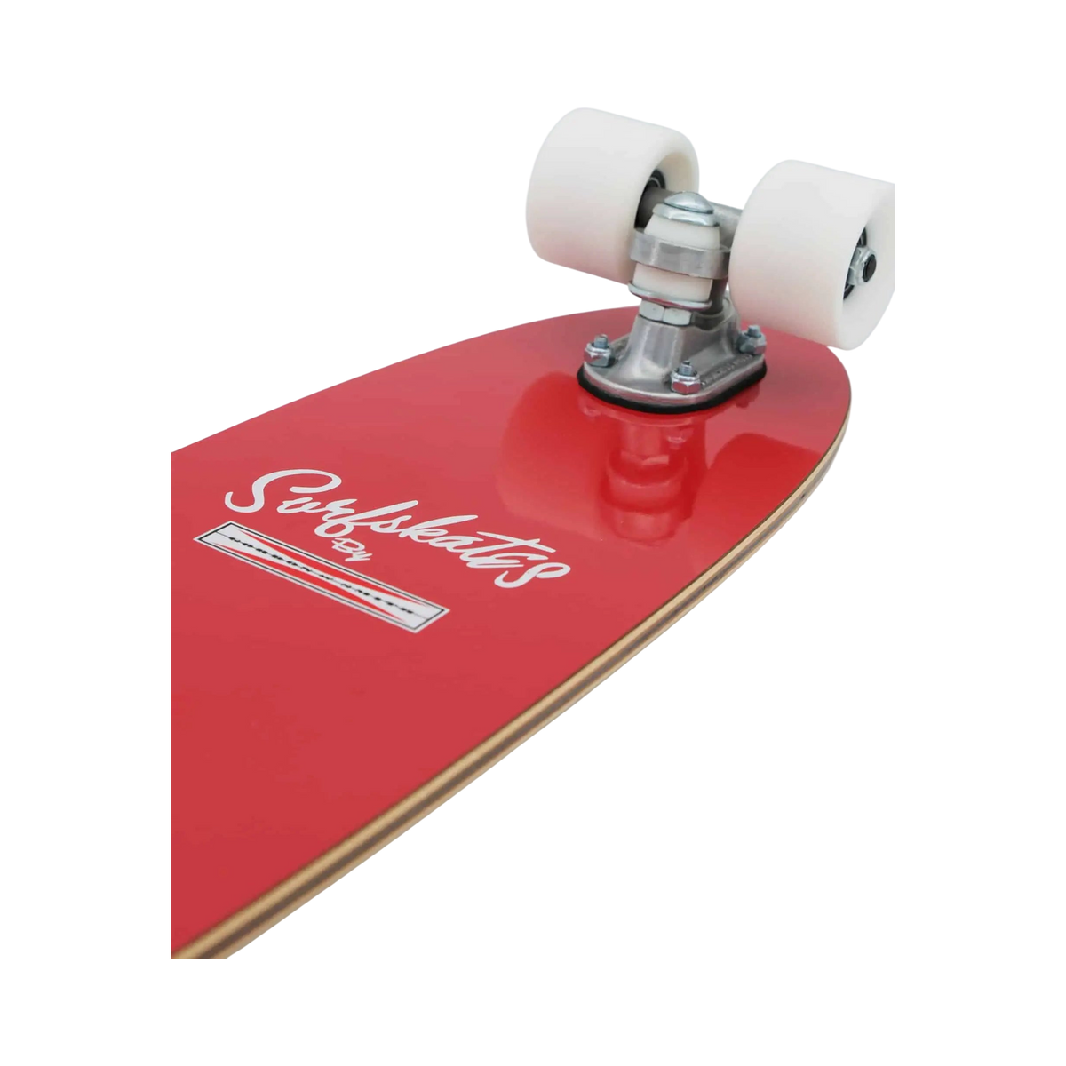 Shapers-Club- Close up of the Gordon & Smith 25" Red Cherry SurfSkate complete, with white wheels, silver trucks and a white script logo and graphics reminiscent of classic designs. The skateboard is tilted on a white surface. -surfshop-surfboard