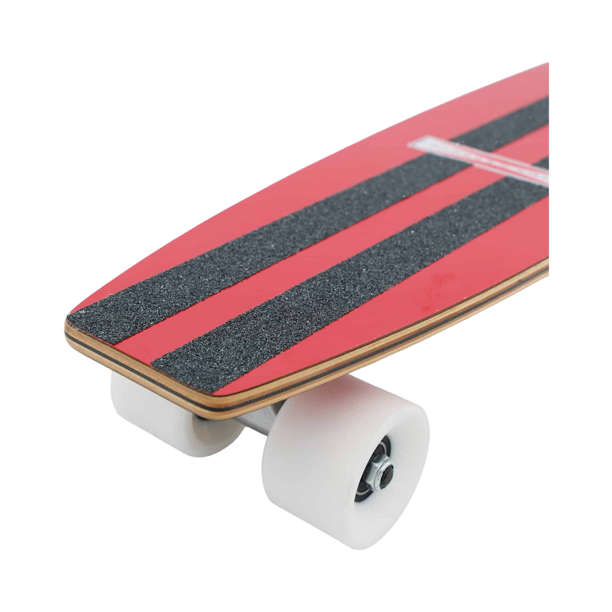 Shapers-Club- A close up of the full size Gordon & Smith 25" SurfSkate in Cherry Red features its black grip strips, white wheels and wooden edge on a white background -surfshop-surfboard