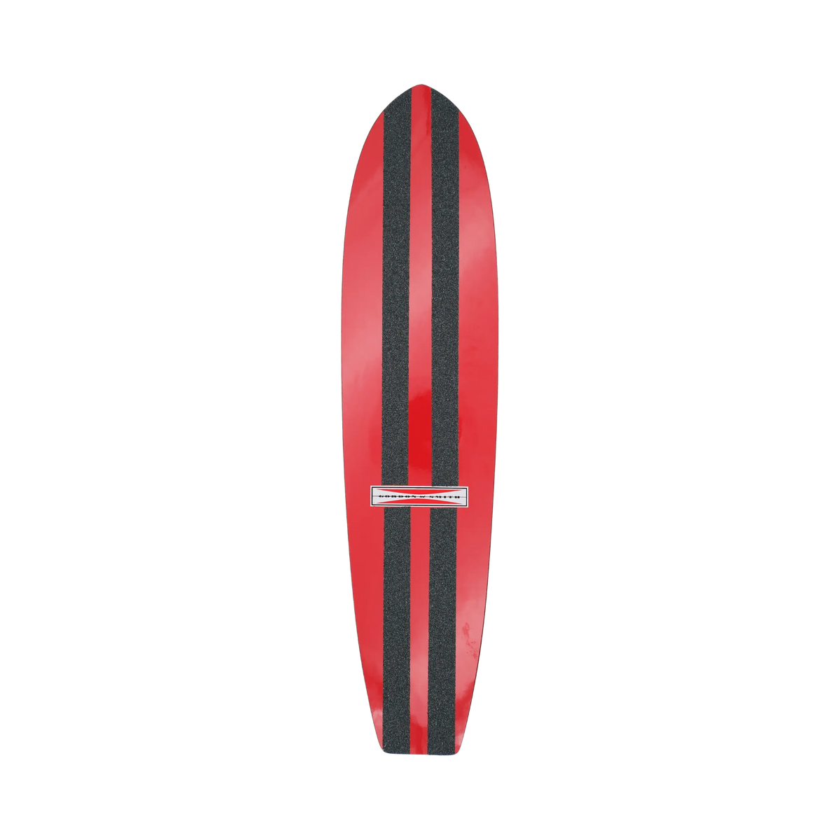 Shapers-Club- The Gordon & Smith 25" SurfSkate in Cherry Red features two vertical black bands and the iconic logo near the center on a transparent background. -surfshop-surfboard