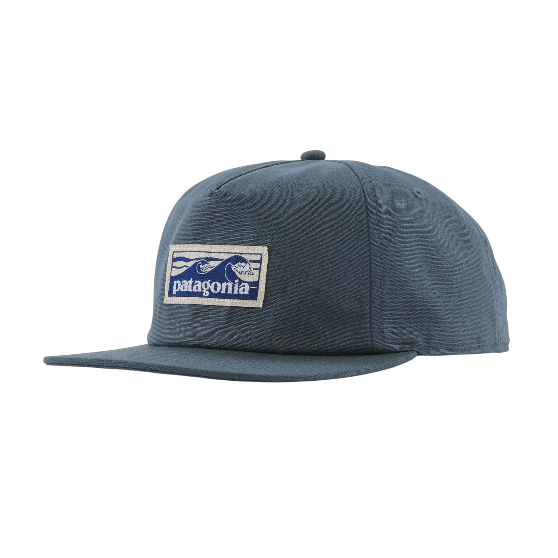 Casquette Surfshop - Shapers Club House Patagonia Boardshort Label Funfarer bleue avec logo surf sur fond noir