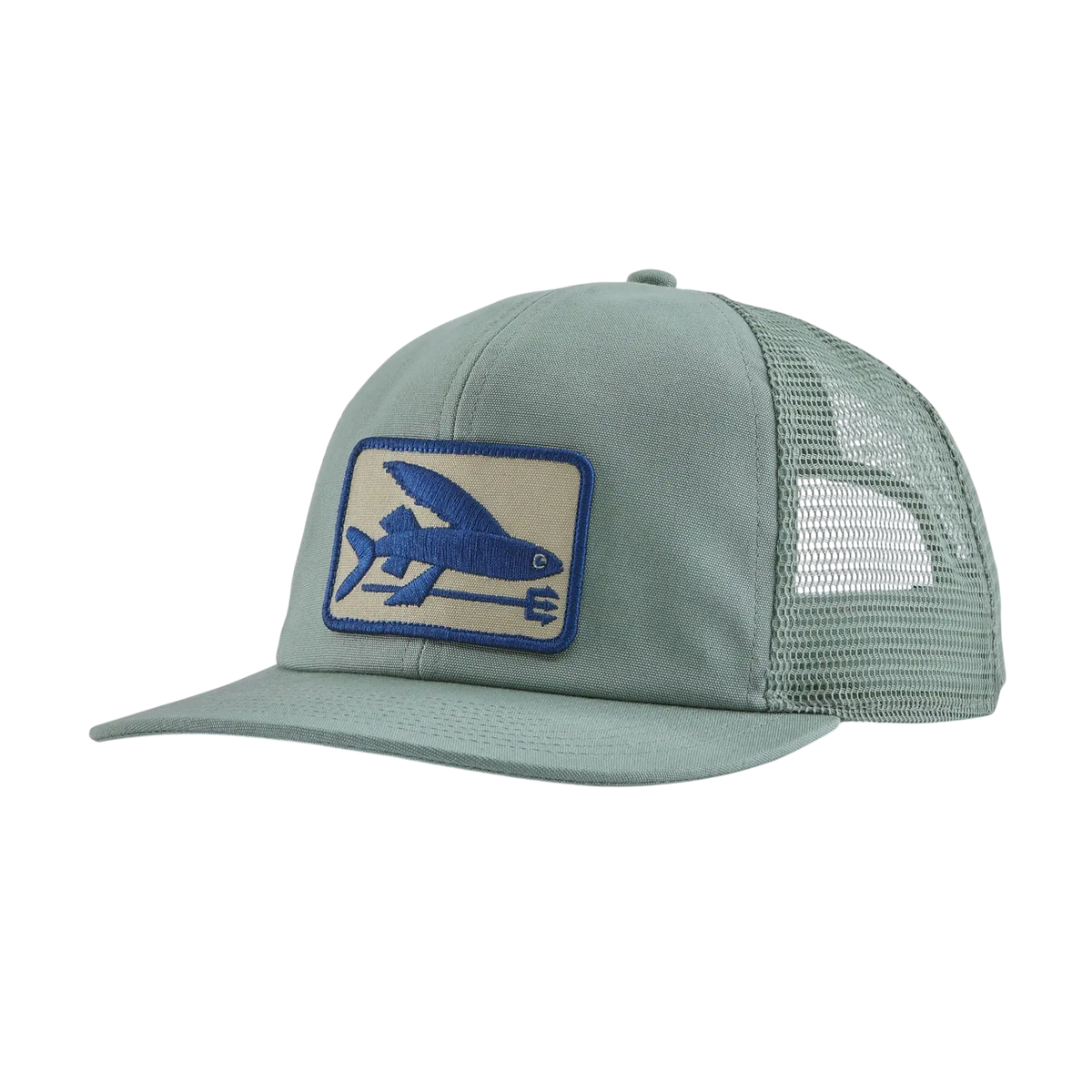 Casquette trucker Surfshop - Shapers Club House Patagonia Flying Fish vert sauge avec filet arrière et écusson