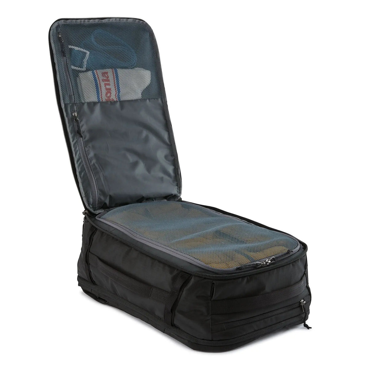 Sac à dos Surfshop - Shapers Club House Patagonia Black Hole Mini MLC noir ouvert avec compartiments de rangement