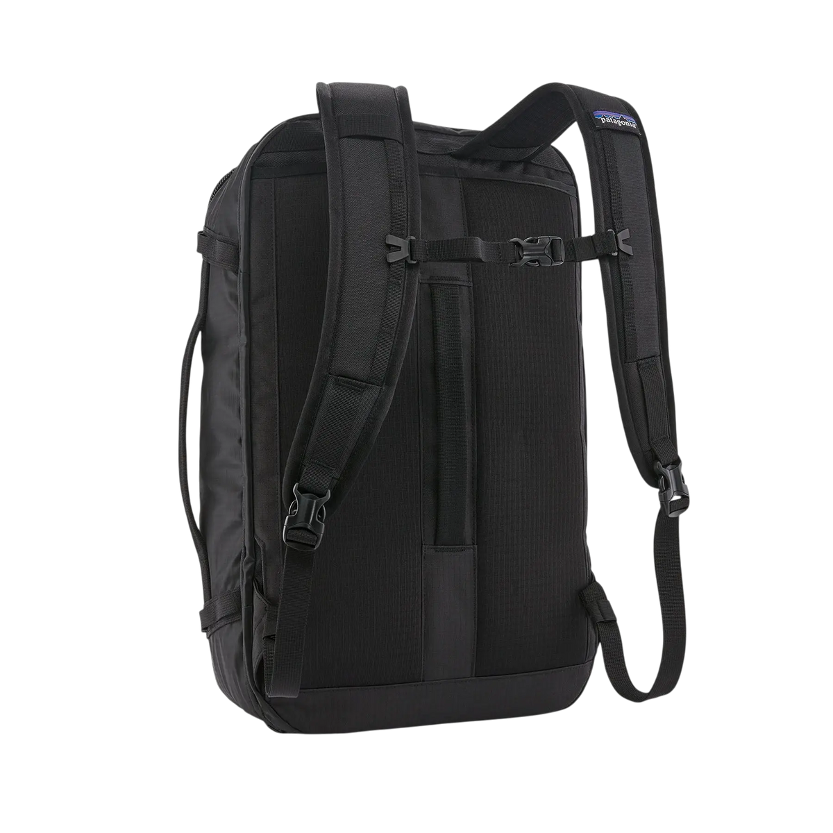 Sac à dos noir Patagonia Black Hole Mini MLC vu de dos, avec bretelles rembourrées, vendu par Surfshop - Shapers Club House