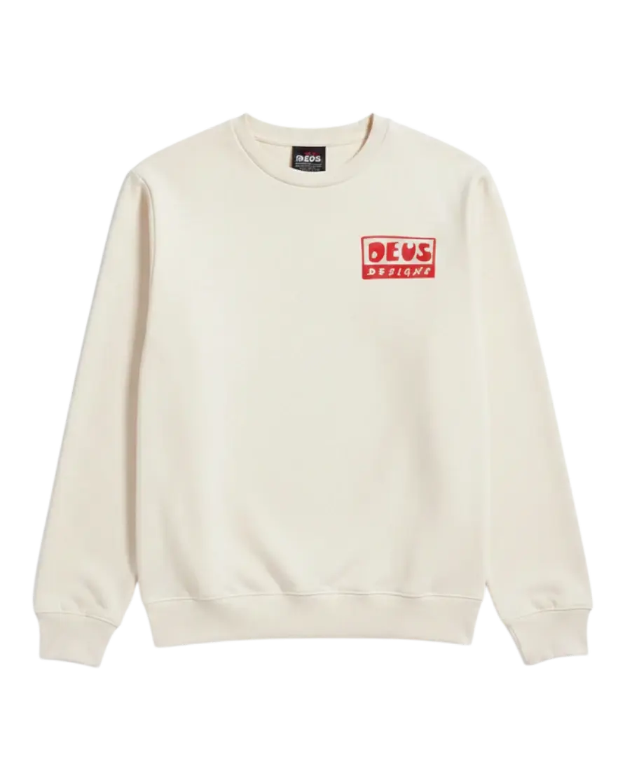 Sweat-shirt blanc Surfshop - Shapers Club House avec logo Deus rouge sur la poitrine, coupe classique à col rond.