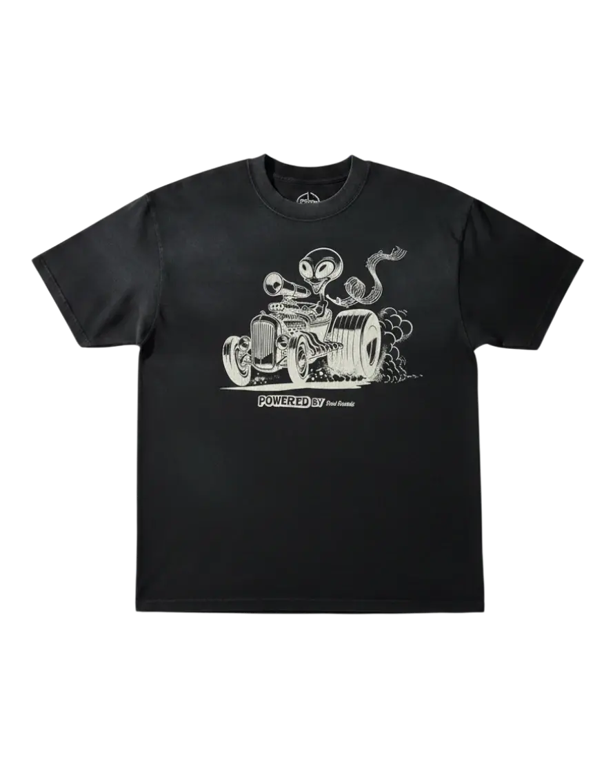 T-shirt noir Surfshop - Shapers Club House avec imprimé graphique d'un alien conduisant un hot rod vintage