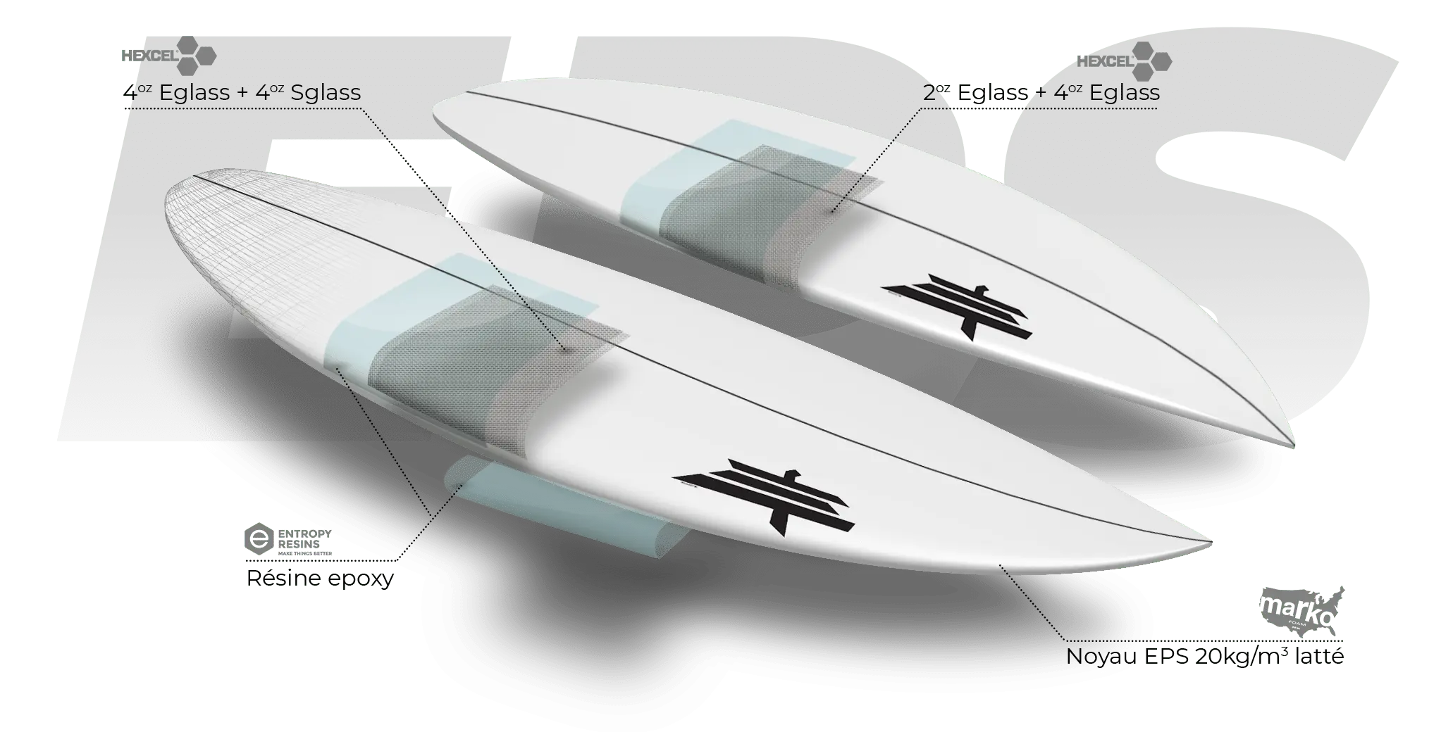 Shapers-Club- Illustration 3D de deux planches de surf avec spécifications techniques de conception, présentant les nouvelles tendances pour 2024. -surfshop-surfboard