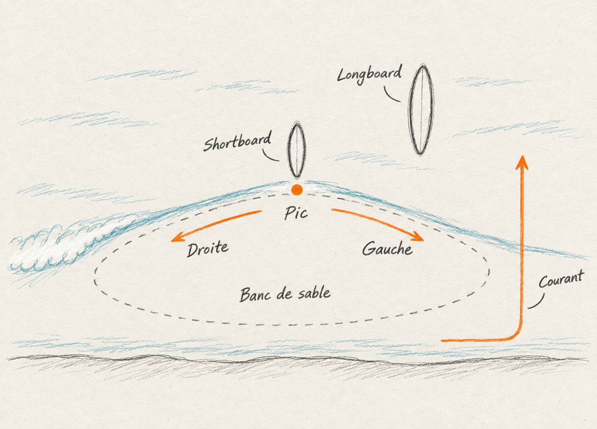 Vue de dessus d'un beachbreak : le pic au-dessus du banc de sable, une droite courte qui ferme, une gauche qui déroule vers la passe d'une baïne où le courant repart au large, et un longboard qui attend plus au large que le shortboard