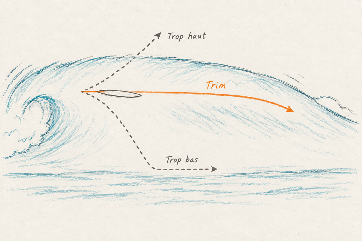 View of the wave face from the shoulder with three lines starting from the pocket: too high, it passes over the crest and descents; in the upper third, it is the trim zone; too low, it descends onto the flat and leaves the power