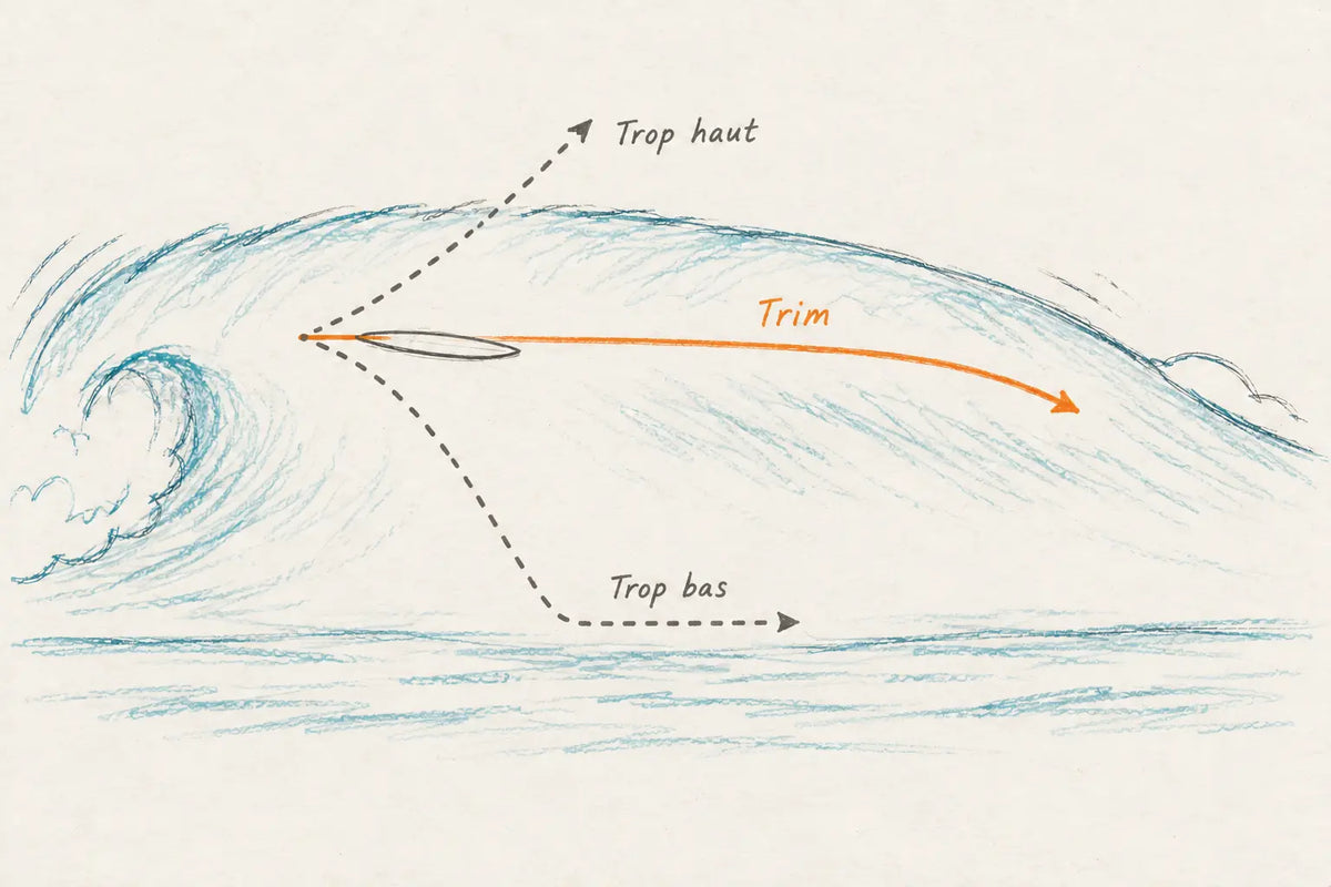 Face de vague vue depuis l'épaule avec trois lignes partant de la poche : trop haute, elle passe par-dessus la crête et décroche ; dans le tiers haut, c'est la zone de trim ; trop basse, elle descend sur le plat et sort de la puissance