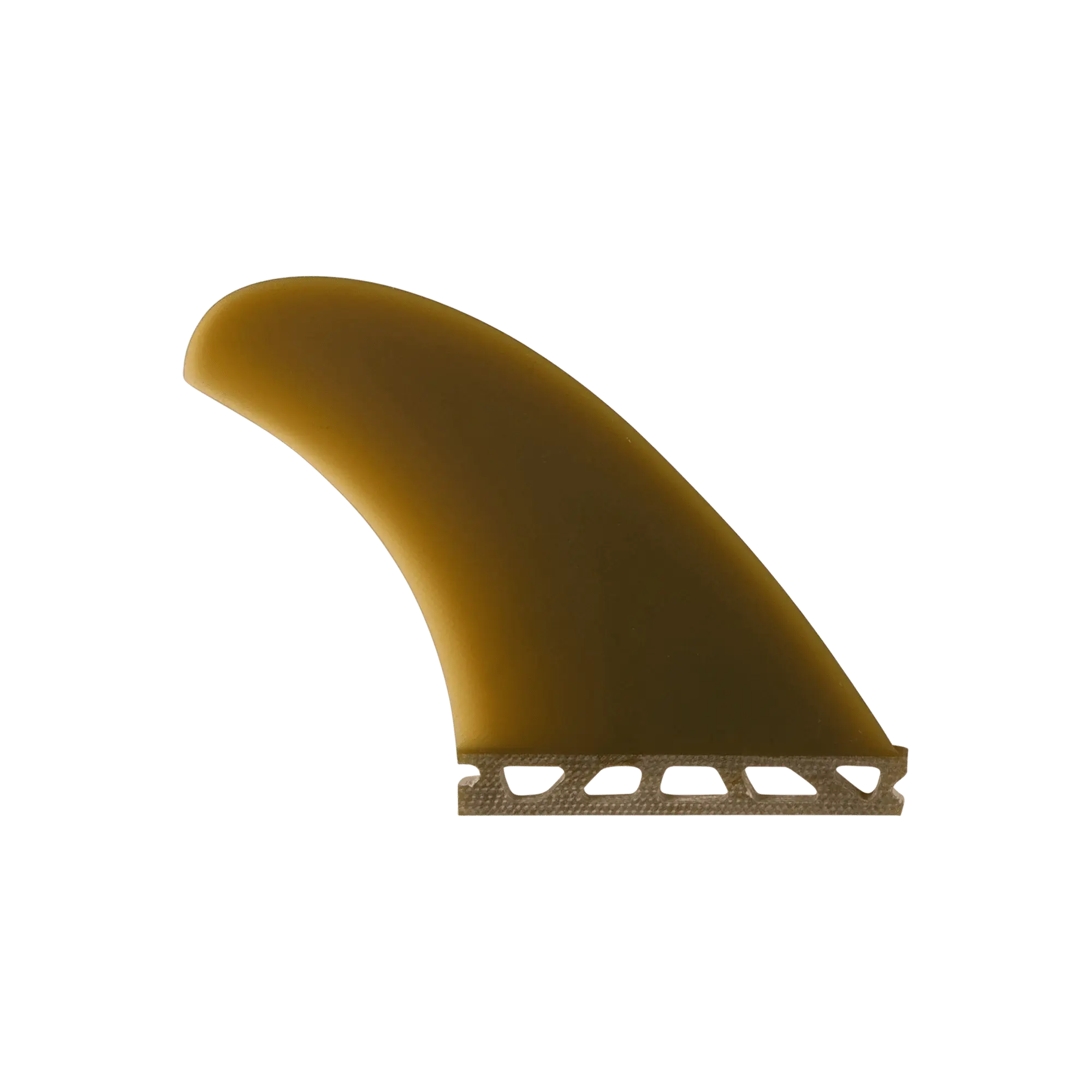 Shapers-Club- Une dérive de planche de surf McCallum Raked QD (Single Tab) marron avec une forme incurvée, représentée sur un fond vert, présente une base texturée et est conçue pour une fixation facile sur n'importe quelle planche de surf. -surfshop-surfboard