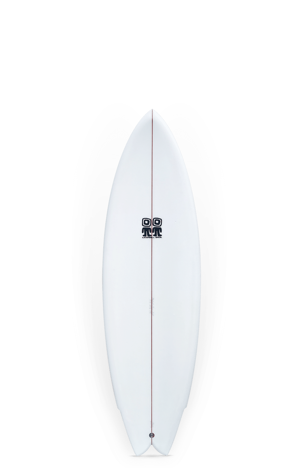 Shapers-Club- La planche de surf Octafish, mesurant 5'10" x 20' 3/4" x 2' 5/8", présente un logo noir central et une ligne rouge accrocheuse qui court verticalement sur sa surface blanche. Son ombre s'étend élégamment sur le fond blanc immaculé. -surfshop-surfboard