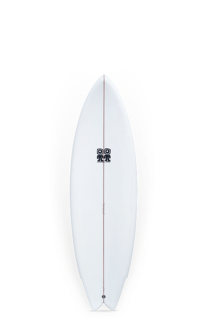 Shapers-Club- La planche de surf Octafish, mesurant 5'10" x 20' 3/4" x 2' 5/8", présente un logo noir central et une ligne rouge accrocheuse qui court verticalement sur sa surface blanche. Son ombre s'étend élégamment sur le fond blanc immaculé. -surfshop-surfboard