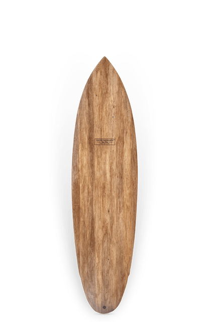 Shapers-Club- Un skimboard en bois de 6'9" x 21 1/2" x 2 3/4", The Masters - Agave Epoxy Bio, présentant un motif de grain naturel et des extrémités effilées, est placé sur un fond neutre. -surfshop-surfboard