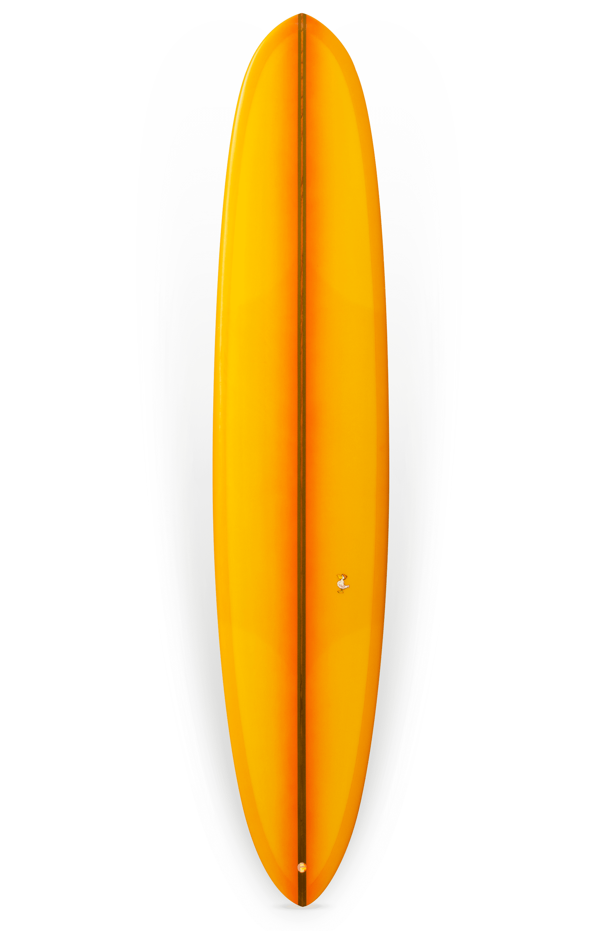 Shapers-Club- Une planche de surf jaune vif avec une forme élégante et profilée sur fond blanc. La Barrett Miller - The Personnal 9'7" x 23" x 3' 1/4" présente une finition brillante, un nez pointu et une queue arrondie pour des performances optimales dans les vagues. Ses dimensions sont parfaites pour vos aventures de surf personnelles. -surfshop-surfboard