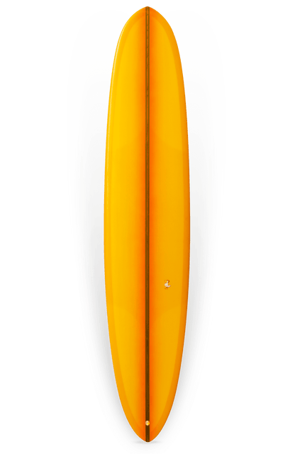 Shapers-Club- Une planche de surf jaune vif avec une forme élégante et profilée sur fond blanc. La Barrett Miller - The Personnal 9'7" x 23" x 3' 1/4" présente une finition brillante, un nez pointu et une queue arrondie pour des performances optimales dans les vagues. Ses dimensions sont parfaites pour vos aventures de surf personnelles. -surfshop-surfboard