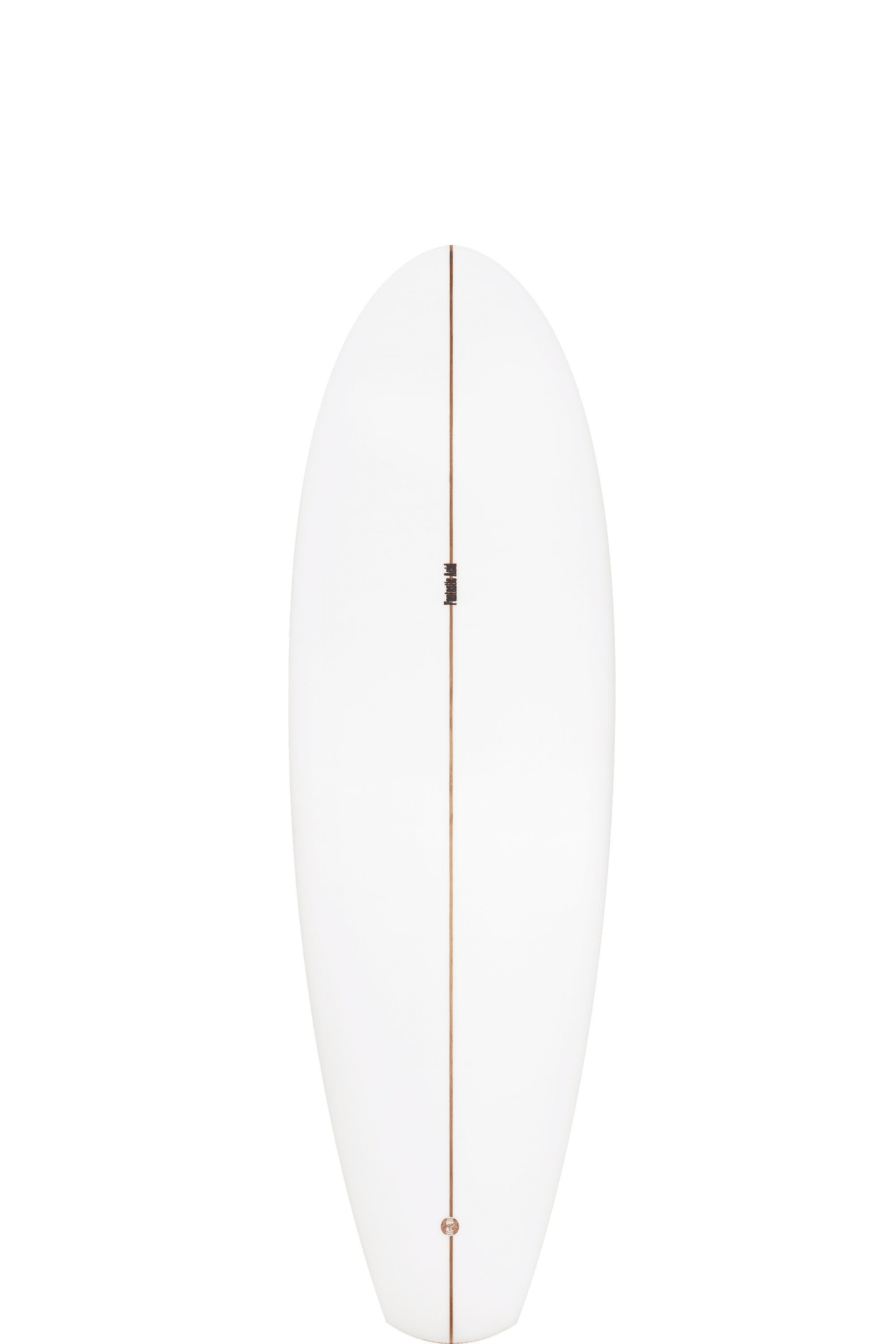 Shapers-Club- Une planche de surf Stubby de 6'0" en blanc présente une bande verticale marron au milieu, positionnée à la verticale sur un fond uni. -surfshop-surfboard