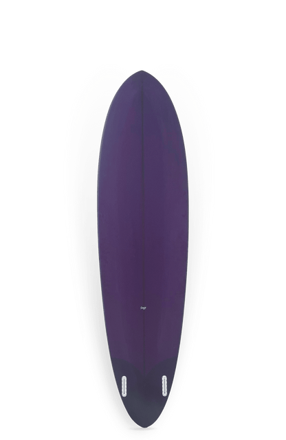 Shapers-Club- Une vue de dessus de la planche de surf Kimbo Twin - 7'2" x 20 1/2" x 3" sur un fond vierge montre son design élégant avec une forme incurvée et deux ailerons visibles à l'extrémité inférieure. -surfshop-surfboard