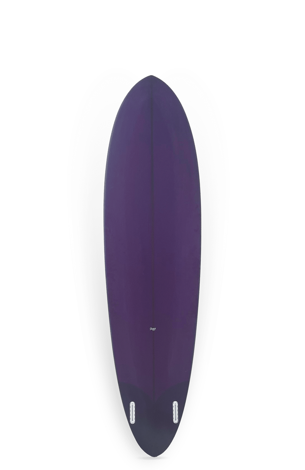 Shapers-Club- Une vue de dessus de la planche de surf Kimbo Twin - 7'2" x 20 1/2" x 3" sur un fond vierge montre son design élégant avec une forme incurvée et deux ailerons visibles à l'extrémité inférieure. -surfshop-surfboard