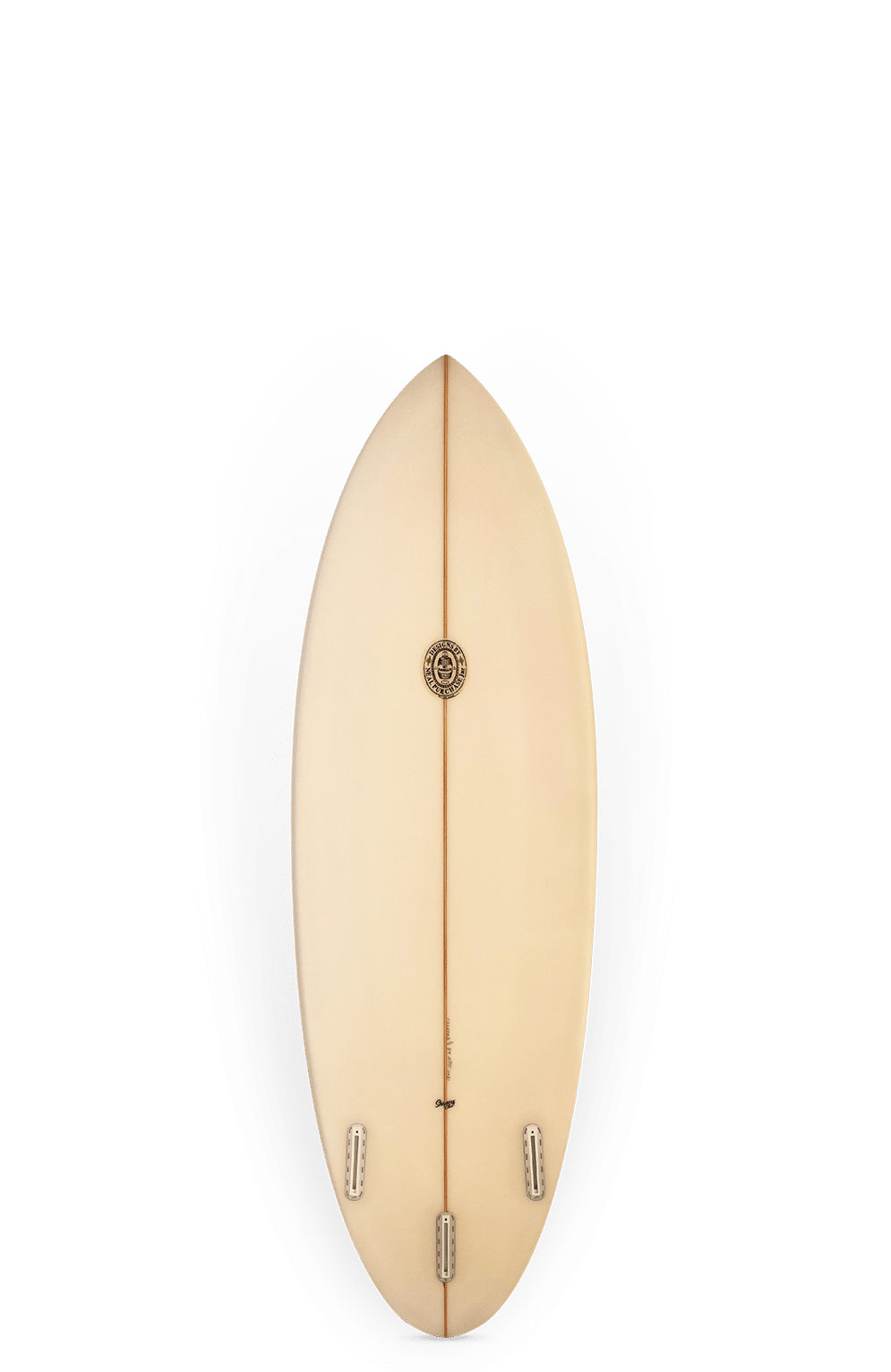 Shapers-Club- Un Chippa Twin + 1 planche de surf (5'6" x 20" x 2 5/8") en beige, doté d'un nez arrondi et de plusieurs boîtiers d'ailerons, est présenté d'en haut sur un fond blanc avec des ombres latérales grises douces. -surfshop-surfboard