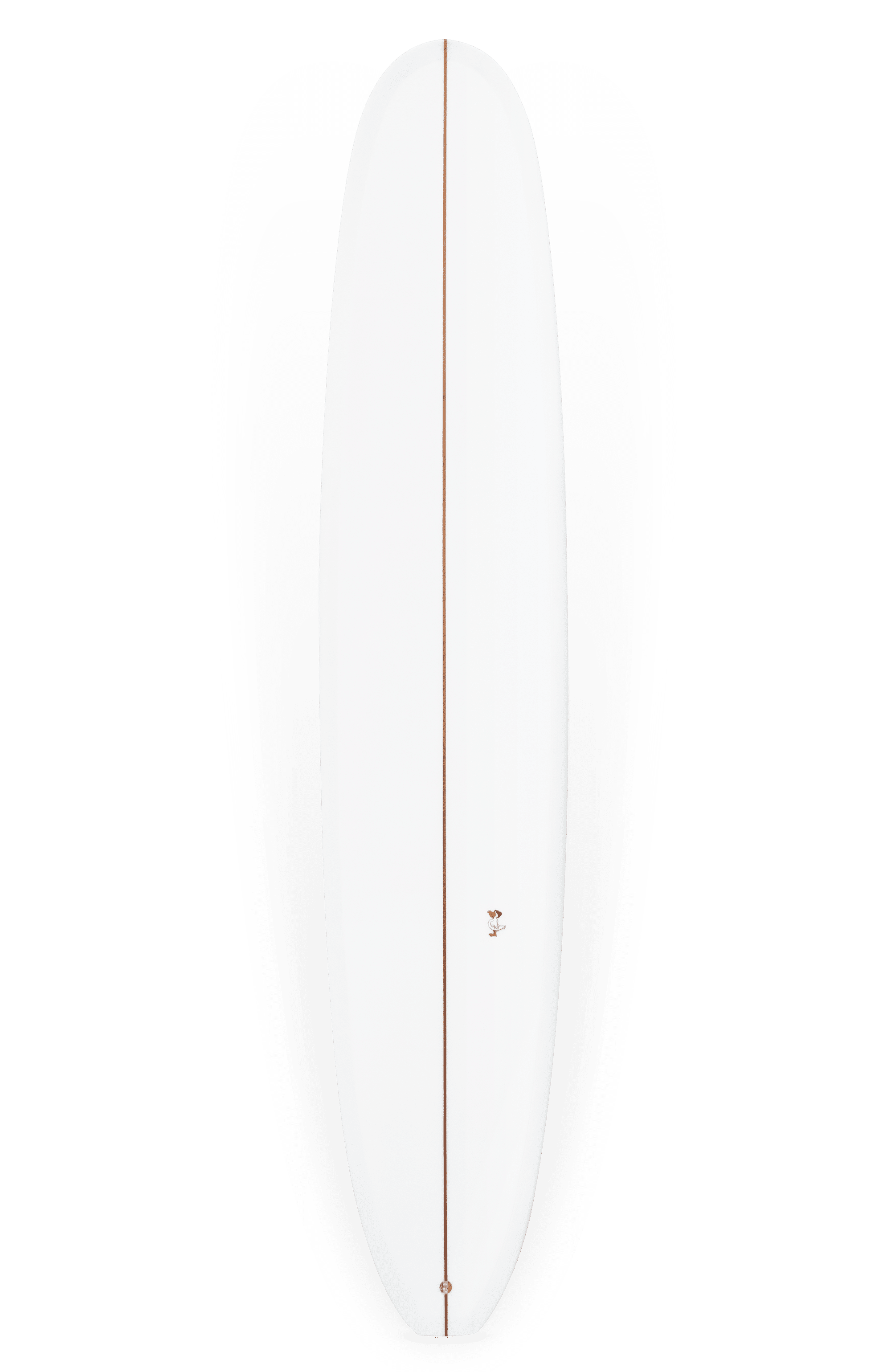 Shapers-Club- Une planche de surf longboard blanche Barrett Miller - Springfield de 9'5" x 22' 7/8" x 2' 3/4", dotée d'une fine corde foncée qui descend au centre. Présentée verticalement avec une légère ombre sur les bords pour mettre en valeur sa forme, elle a un nez arrondi et une queue légèrement plus étroite, ce qui en fait un choix idéal pour les surfeurs de Springfield. -surfshop-surfboard