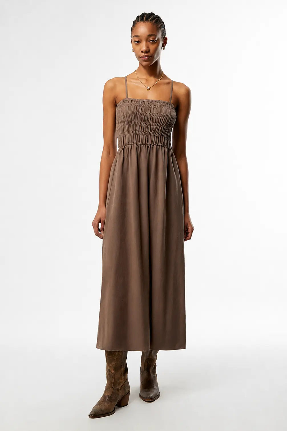 CLASSIC SHIRRED MIDI DRESS TAF2 MARRON - photo 1