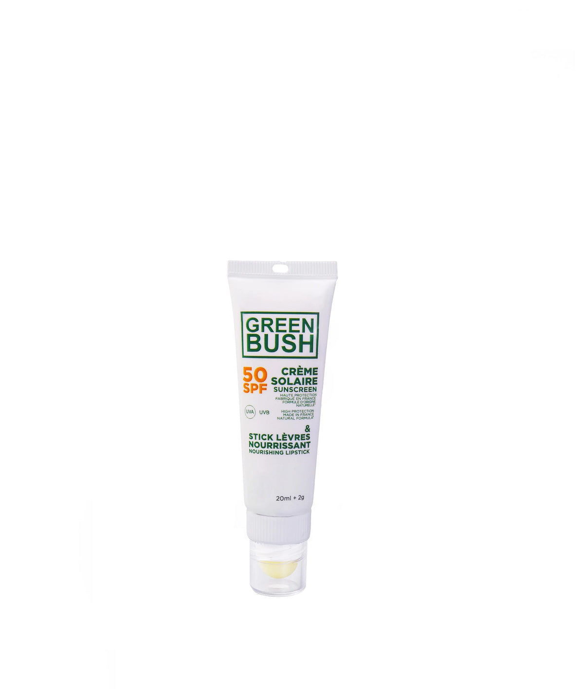 COMBI GREENBUSH : CREME SOLAIRE SPF50 20ML / STICK LEVRES NOURRISANT 2GR "BIO COSMOS" - photo 1