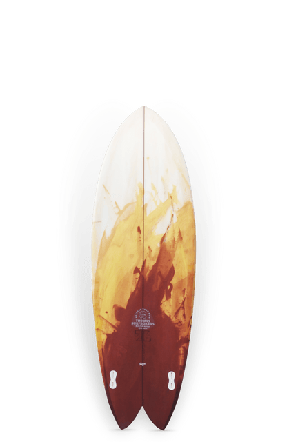 Shapers-Club- La planche de surf Twin Fish 5'8" x 20' 3/4" x 2' 5/8" présente un design abstrait rouge et marron distinctif sur fond blanc, avec une forme élégante avec deux petites ailerons en bas. -surfshop-surfboard