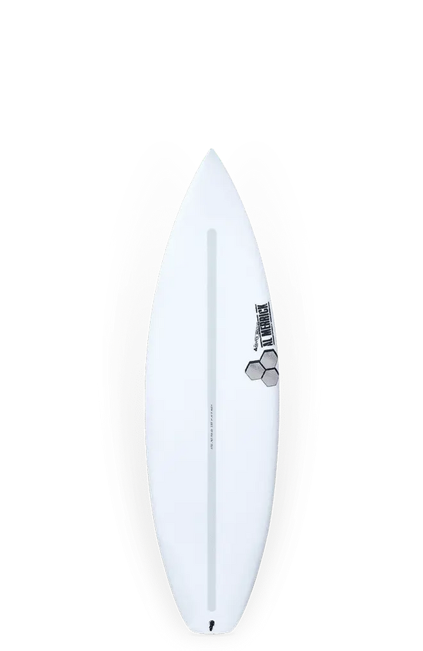 Shapers-Club- La planche de surf Dumpster Diver 2 (6'0", 36,7L, EPS + Spine-tek) présente une pointe blanche avec trois motifs hexagonaux près du coin supérieur droit, une étroite bande centrale verticale et un fond gris dégradé pour souligner son design élégant. -surfshop-surfboard