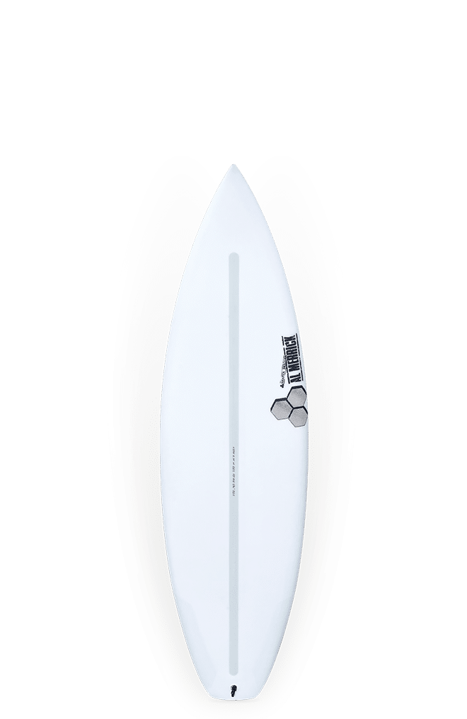 Shapers-Club- La planche de surf Dumpster Diver 2 (6'0", 36,7L, EPS + Spine-tek) présente une pointe blanche avec trois motifs hexagonaux près du coin supérieur droit, une étroite bande centrale verticale et un fond gris dégradé pour souligner son design élégant. -surfshop-surfboard