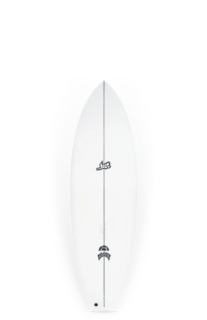 Shapers-Club- La planche de surf Round Nose Fish 1996, mesurant 5'6" x 19 3/4" x 2 3/8" avec un volume de 29,5 litres, présente une surface blanche ornée d'un logo noir sur la moitié supérieure et d'un autre près du bas. Son design classique comprend une pointe pointue et une queue légèrement concave, magnifiquement accentuée par son fond dégradé uni. -surfshop-surfboard