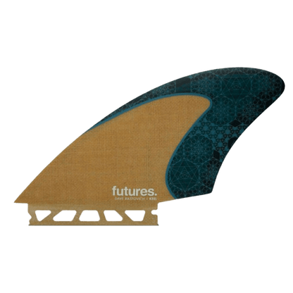 Shapers-Club- Aileron de planche de surf à dominante beige avec une pointe à motifs bleus, marqué « Futures » et « TWIN FIN KEE11 » imprimé en blanc près de la base de son motif découpé. La construction Futures - Dave Rastovich Keel Jute Honey Comb est inspirée de Dave Rastovich et promet des performances améliorées. -surfshop-surfboard