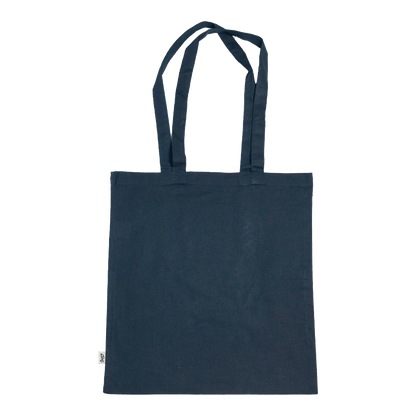 Shapers-Club- Le TOTE BAG - GOOD VIBES ONLY, un sac fourre-tout uni bleu foncé, repose sur un fond blanc et possède deux longues anses. -surfshop-surfboard
