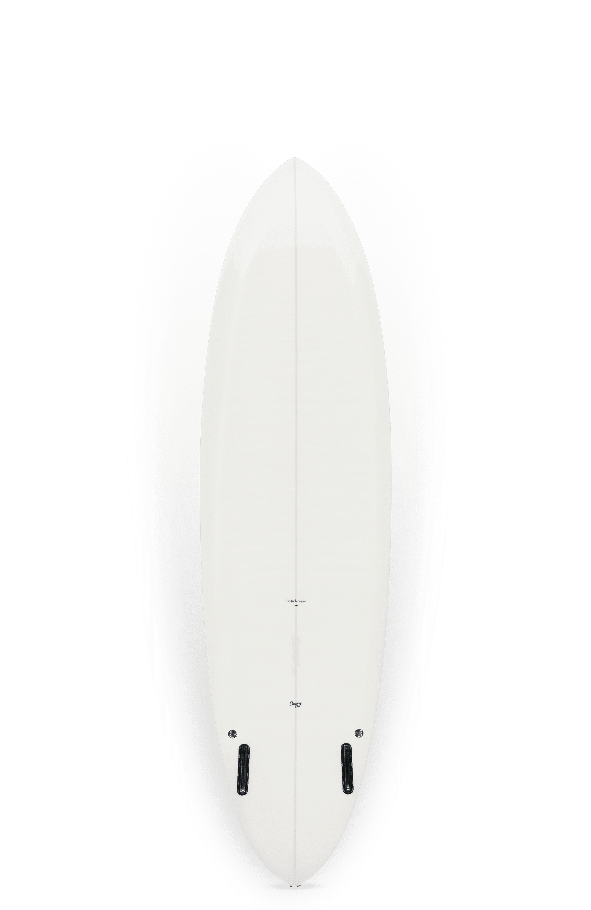 Shapers-Club- Une vue de dessus de la planche de surf Scream, blanche et isolée sur un fond blanc, met en valeur son design épuré. Mesurant 6'10" x 21' 1/2", elle est dotée de deux boîtiers d'ailerons noirs en bas, renforçant son allure sophistiquée. -surfshop-surfboard