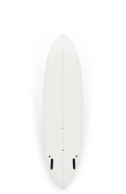 Shapers-Club- Une vue de dessus de la planche de surf Scream, blanche et isolée sur un fond blanc, met en valeur son design épuré. Mesurant 6'10" x 21' 1/2", elle est dotée de deux boîtiers d'ailerons noirs en bas, renforçant son allure sophistiquée. -surfshop-surfboard