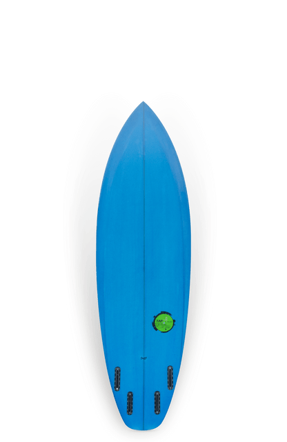 Shapers-Club- Vue de dessus de la planche de surf Scream, dotée de fentes d'ailerons noires et d'un logo vert près de la queue, mesurant 6'0" x 19' 1/2" x 2' 1/2", sur un fond blanc uni. -surfshop-surfboard