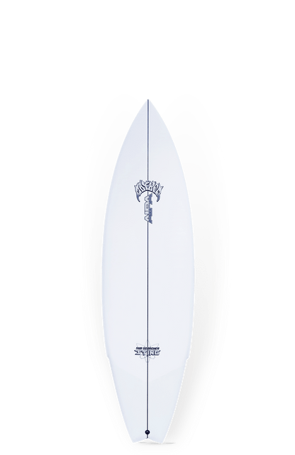 Shapers-Club- La planche de surf AIPA SUB SCORCHER STING 5'10" présente des logos et des graphiques noirs et bleus sur fond blanc, avec un nez pointu et une forme profilée. -surfshop-surfboard