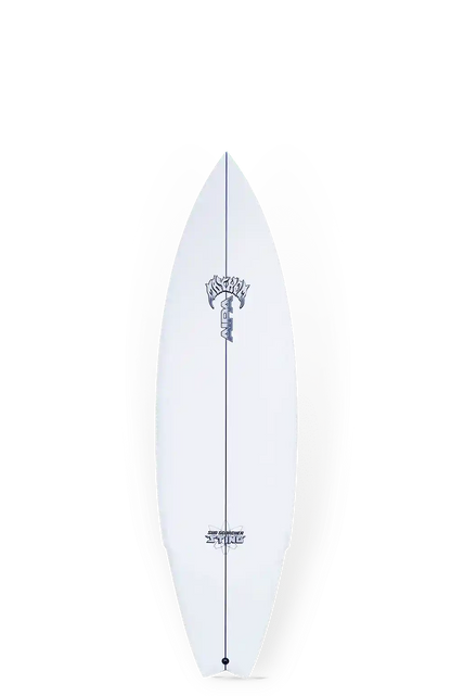 Shapers-Club- La planche de surf AIPA SUB SCORCHER STING 5'10" présente des logos et des graphiques noirs et bleus sur fond blanc, avec un nez pointu et une forme profilée. -surfshop-surfboard