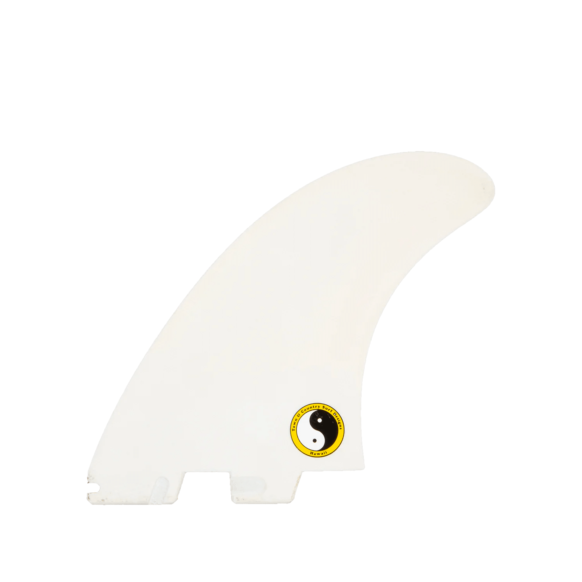 Shapers-Club- Image d'une dérive de planche de surf blanche avec un bord supérieur incurvé. Près de la base, un logo circulaire noir et jaune comportant un symbole yin-yang est bien visible. Cette dérive fait partie de la collection SHAPER SERIES - TWIN+1 - Glenn Pang. Le fond est transparent. -surfshop-surfboard