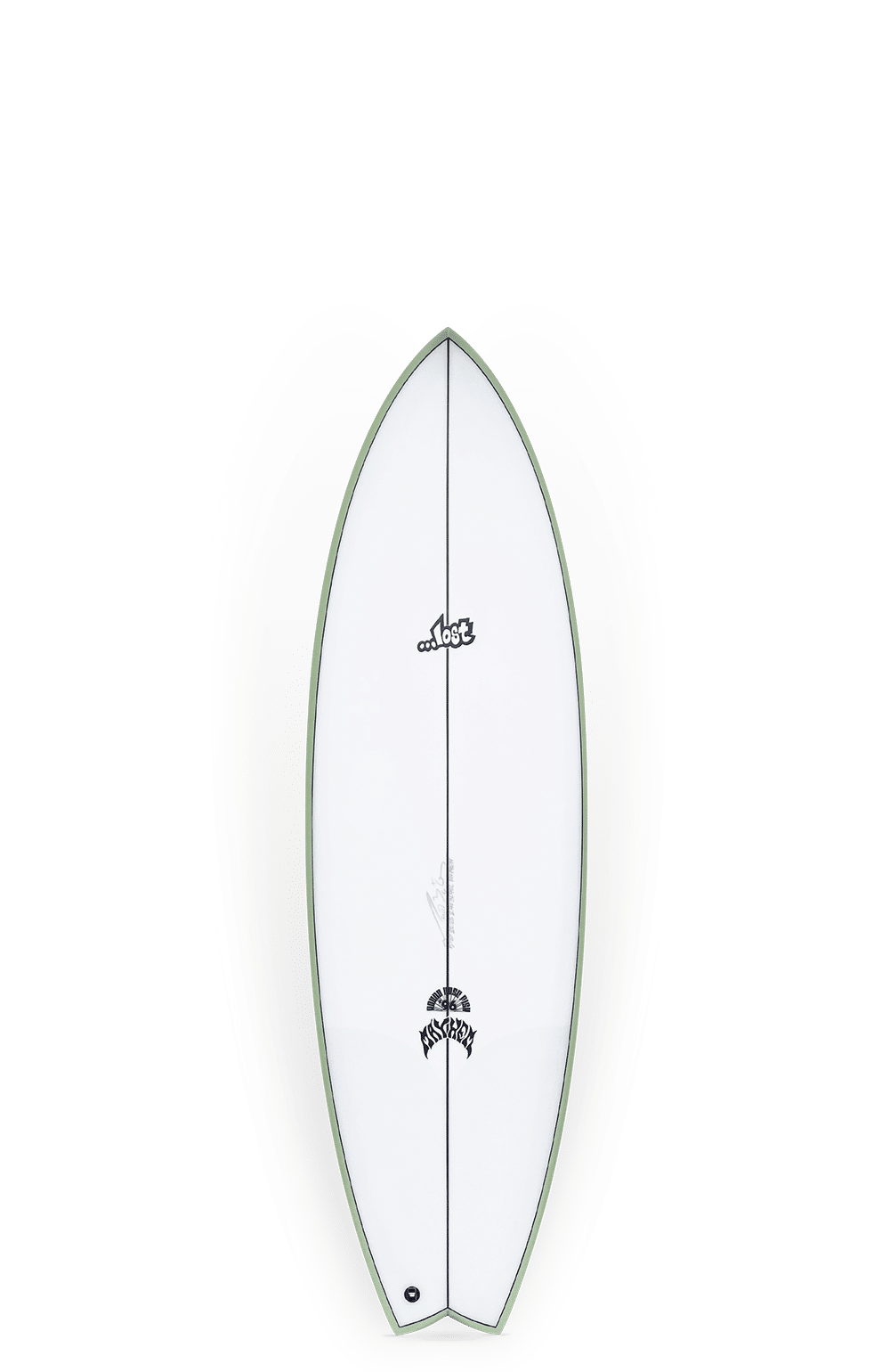 Shapers-Club- Le modèle Round Nose Fish 1996 est une planche de surf blanche avec des logos noirs et un contour vert, avec un design en queue d'aronde. Elle présente une esthétique épurée et minimaliste et a des dimensions de 5'8" x 20 1/4" x 2 7/16", avec un volume de 31,9 L, ce qui la rend idéale pour les amateurs de surf. -surfshop-surfboard