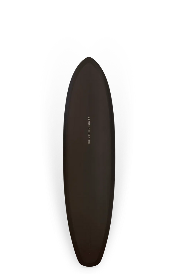 Shapers-Club- La planche de surf Tri Plane Hull Single, mesurant 6'9" x 21 3/16" x 2 11/16" avec un volume de 42,3 L, présente une forme de larme avec une finition noire élégante et un texte blanc minimaliste au centre, glissant sans effort sur les vagues sur un fond dégradé de gris foncé à gris clair. -surfshop-surfboard