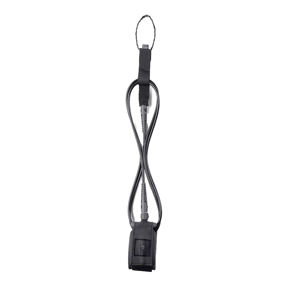 Shapers-Club- Le 6.0 COMP LEASH SURF GRIP en noir présente un design spiralé et une sangle de cheville rembourrée, offrant une connexion sécurisée entre le surfeur et la planche de surf. -surfshop-surfboard