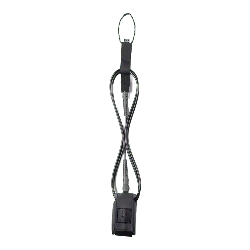 Shapers-Club- Le 6.0 COMP LEASH SURF GRIP en noir présente un design spiralé et une sangle de cheville rembourrée, offrant une connexion sécurisée entre le surfeur et la planche de surf. -surfshop-surfboard