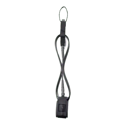 Shapers-Club- Le 6.0 COMP LEASH SURF GRIP en noir présente un design spiralé et une sangle de cheville rembourrée, offrant une connexion sécurisée entre le surfeur et la planche de surf. -surfshop-surfboard