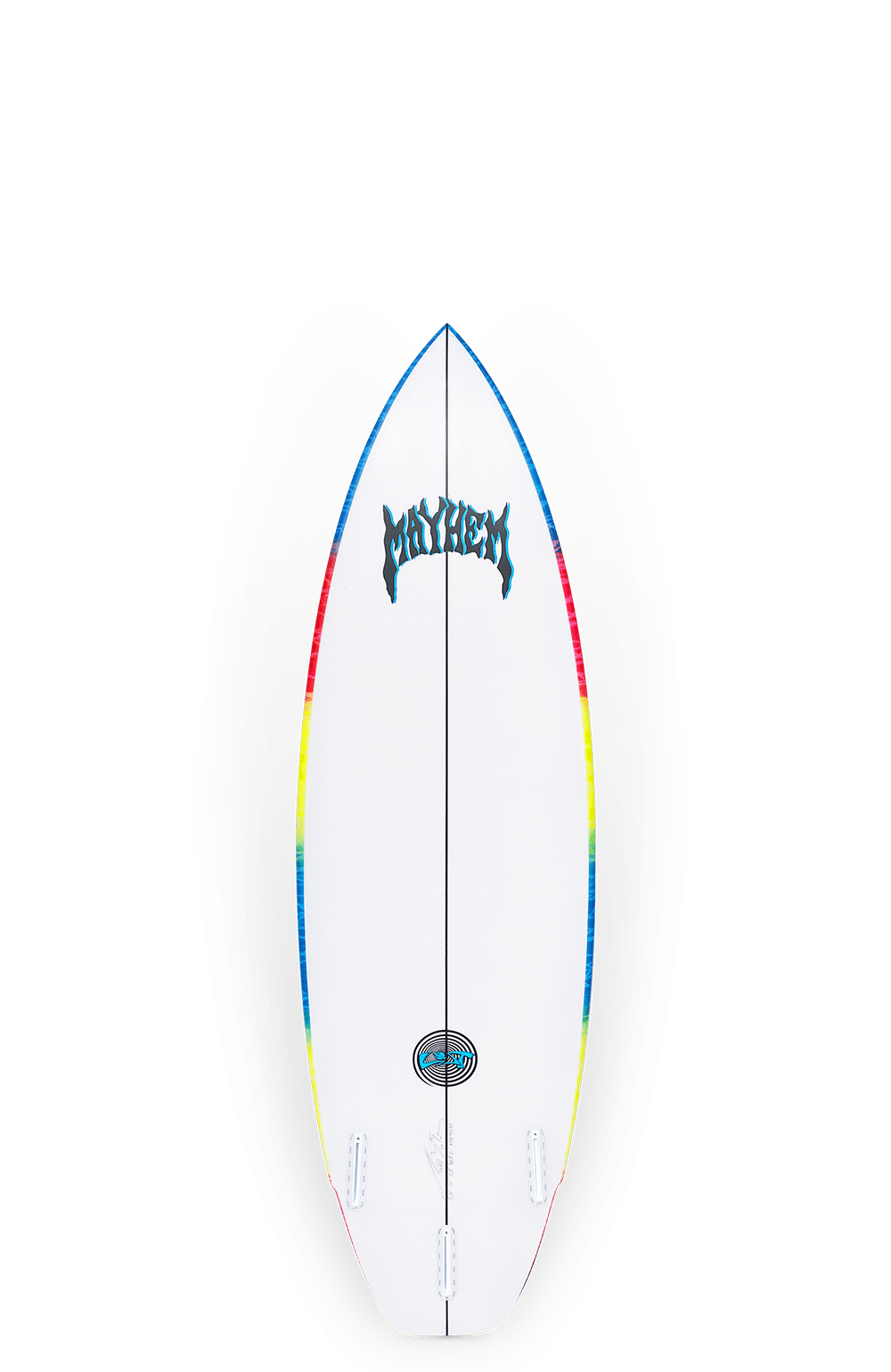 Shapers-Club- La planche de surf Rad Ripper, mesurant 5'10" x 20" x 2 7/8" avec un volume de 31,5L, est dotée d'un pont blanc accentué de bleu, de jaune et de rouge vifs le long des bords. Le mot "Mayhem" est affiché en évidence près du haut, complété par des lignes noires qui descendent verticalement au centre, alliant parfaitement style et performance pour les amateurs de vagues. -surfshop-surfboard