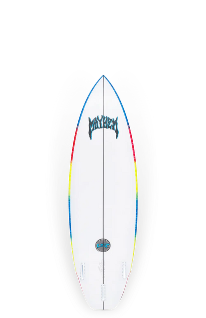 Shapers-Club- La planche de surf Rad Ripper, mesurant 5'10" x 20" x 2 7/8" avec un volume de 31,5L, est dotée d'un pont blanc accentué de bleu, de jaune et de rouge vifs le long des bords. Le mot "Mayhem" est affiché en évidence près du haut, complété par des lignes noires qui descendent verticalement au centre, alliant parfaitement style et performance pour les amateurs de vagues. -surfshop-surfboard