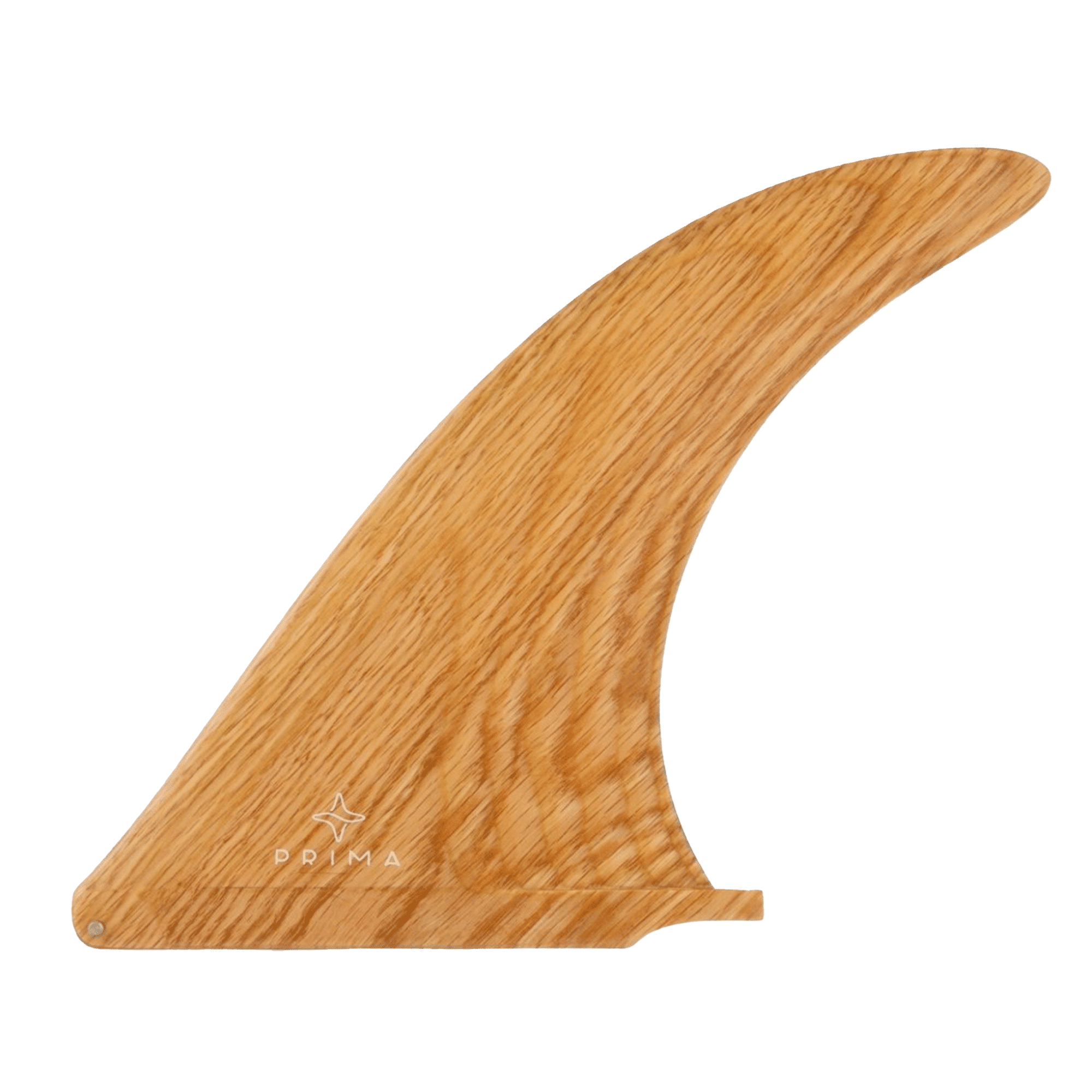 Shapers-Club- Le Prima - Wood - Single 8.5" est un aileron de planche de surf en bois présentant une surface lisse et polie et un motif de grain de bois naturel. Cet aileron simple de 8,5" a une forme incurvée, légèrement allongée et comporte un petit logo avec les mots "Prima Wood" près de la base. Le fond uni garantit que l'aileron se démarque de manière proéminente. -surfshop-surfboard