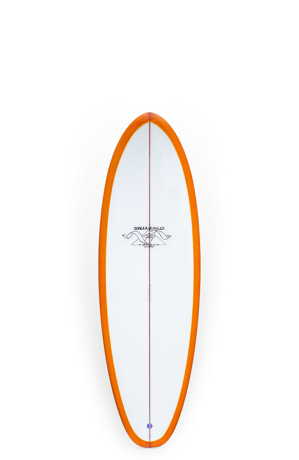 Shapers-Club- La planche de surf Mini Light Vehicle, mesurant 5'8" x 21' 1/4" x 2' 5/8", présente un contour orange et un centre blanc, accentué par un logo noir. L'arrière-plan simple met l'accent sur les dimensions de la planche, la faisant ressortir. -surfshop-surfboard