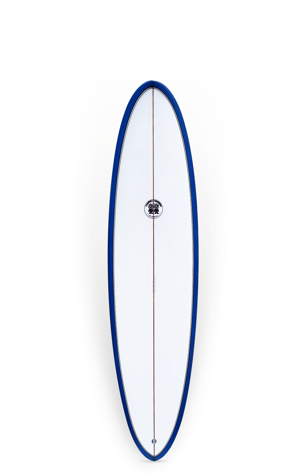 Shapers-Club- Une vue de dessus de la planche de surf Egg, mesurant 7'0" x 21' 1/4" x 2' 3/4", révèle son design blanc avec un contour bleu et une bande rouge verticale centrale. La planche comprend un logo central et ses dimensions élégantes sont présentées sur un fond blanc. -surfshop-surfboard