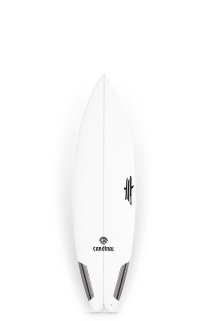 Shapers-Club- Image de la planche de surf Workbreaker, blanche avec des bords noirs et gris et un petit logo « Cardinal » près du nez. Avec son design épuré et sa capacité de 31 L, elle est parfaite pour les amateurs de surf à la recherche de performances optimales. Dimensions : 6'0" x 19 7/8" x 2 1/2". -surfshop-surfboard