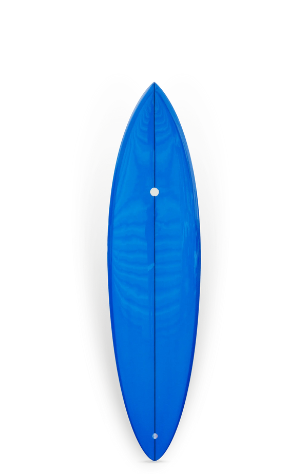 Shapers-Club- Un Topper mesurant 6'1" x 20' 1/2" x 2' 13/16" présente une surface ovale bleue brillante avec des points blancs symétriques, accentués par une structure transparente en forme de pétale, lui donnant une présence élégante sur un fond uni. -surfshop-surfboard